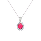 Asfour Crystal Box Chain Necklace With Halo Fuchsia Oval Pendant In 925 Sterling Silver-NM0035-F